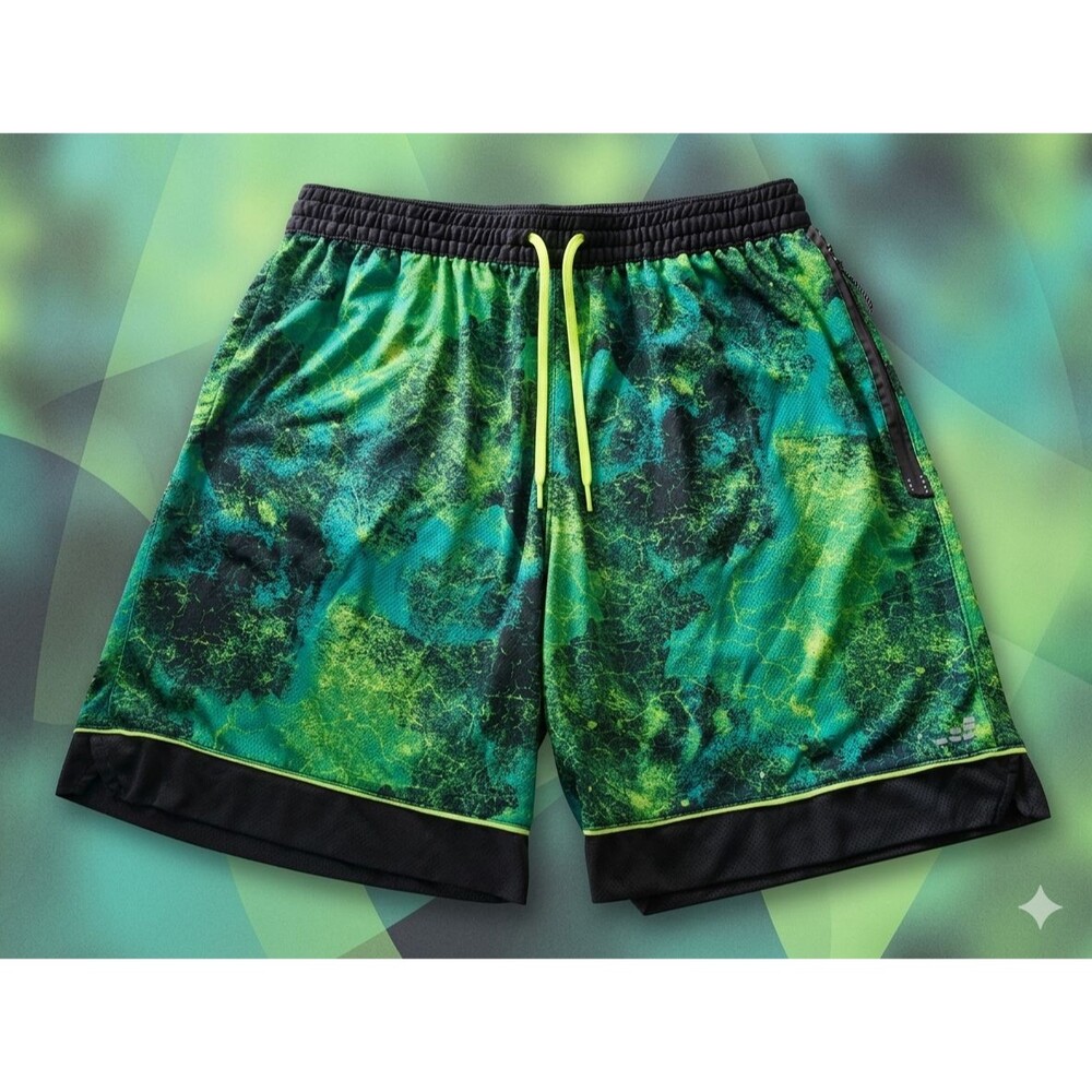 BCG Men’s 2XL Athletic Shorts Green Black Stretch Drawstring Zip Pocket Running